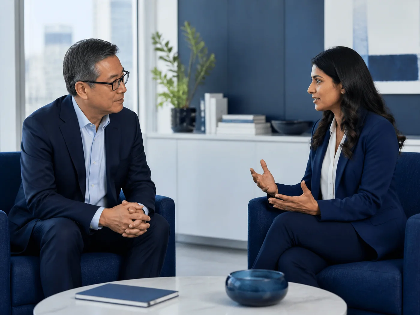 A business leader and workforce advisor discussing talent needs