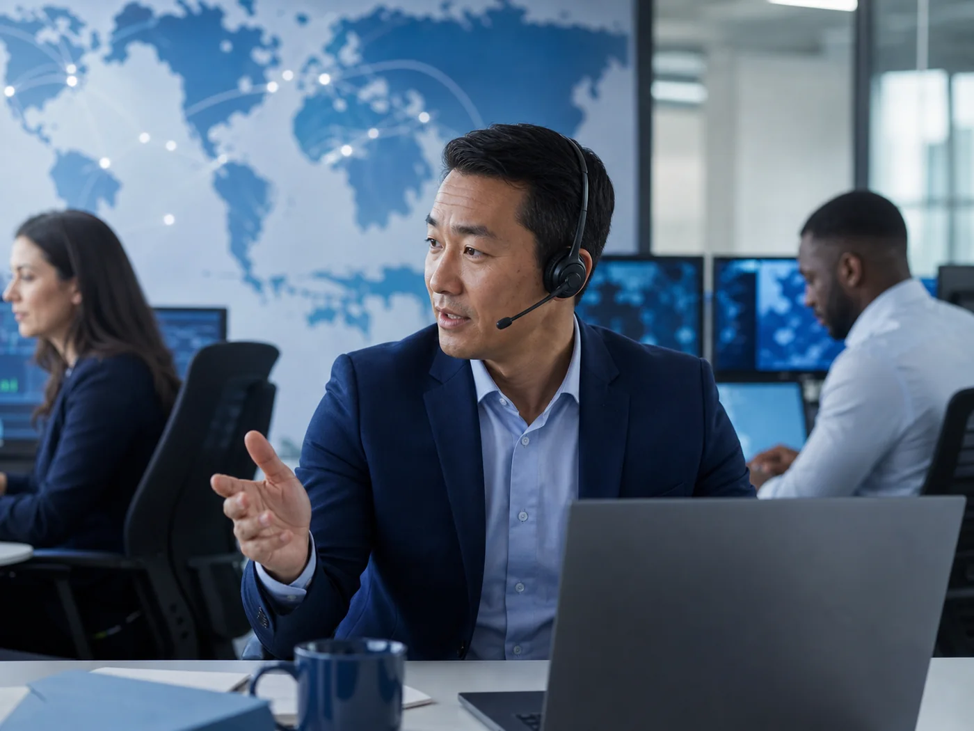 A global operations professional coordinating with international colleagues