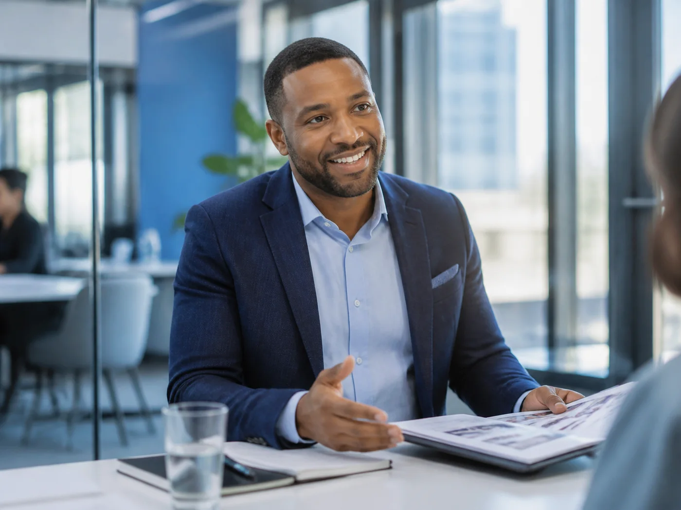 A professional discussing his experience and portfolio in a career conversation