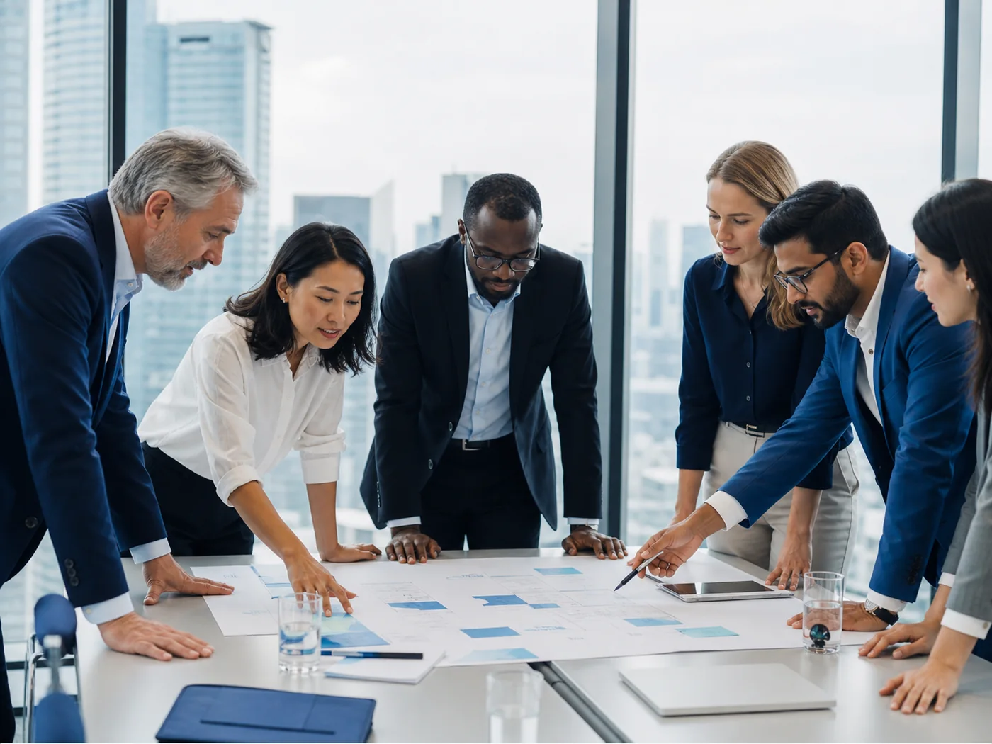 A diverse team of global business leaders collaborating around a project plan